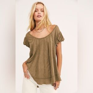 Free People New Star T-shirt Top XS Green Linen Blend Oversized Shirt